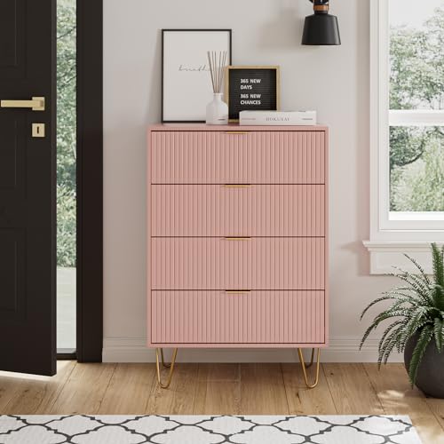 Masupu Kommode mit 4 Schubladen, hohe Aufbewahrung, Kommode mit goldfarbenen Metallbeinen, Nachttisch für Schlafzimmer, Wohnzimmer, Schrank, Flur, rosa Streifen Masupu Kommode mit 4 Schubladen, hohe Aufbewahrung, Kommode mit goldfarbenen Metallbeinen, Nachttisch für Schlafzimmer, Wohnzimmer, Schrank, Flur, rosa Streifen von Masupu