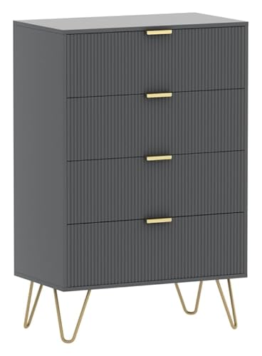 Masupu Kommode mit 4 Schubladen, hohe Aufbewahrungskommode, Kommode mit goldfarbenen Metallbeinen, Nachttisch für Schlafzimmer, Wohnzimmer, Schrank, Flur, grau gestreift Masupu Kommode mit 4 Schubladen, hohe Aufbewahrungskommode, Kommode mit goldfarbenen Metallbeinen, Nachttisch für Schlafzimmer, Wohnzimmer, Schrank, Flur, grau gestreift von Masupu