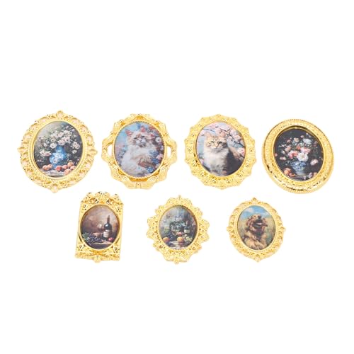 Masyrt Alloy Dollhouse -Bildrahmen, Detailliertes Design, 6 Zoll und 12 Zoll Kompatibel, Blinde Box mit Verschiedenen Themengemälden für Puppenhäuser, Miniatur -Szenen -Ornamente (Gold) von Masyrt