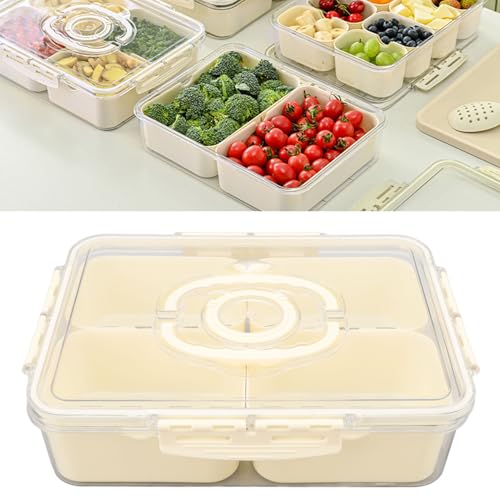 Masyrt Geteilte Servierschale mit Deckel, Snackbox, Kunststoffversiegelter Multifunktionaler Snackbehälter mit Abflusslöchern für Küchengewürze Früchte (4 Fächer) von Masyrt