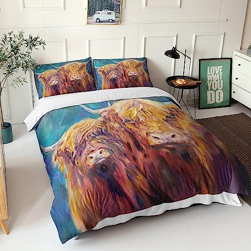 Highland Cow Hochlandkuh Bettbezug Animals Tiere Bettwäsche Set 3teilig 3D Mädchen Junge Kinder Mikrofaser Weiche Mit Reißverschluss Und Kissenbezüge Erwachsene King（220x240cm） von MatZie