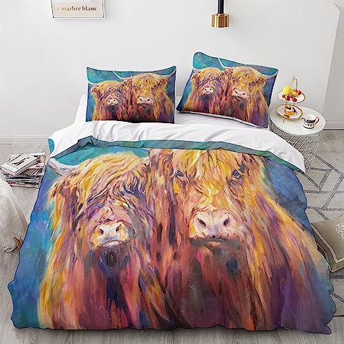 MatZie Highland Cow Hochlandkuh 3D Bettwäsche Set 3teilig Mit Reißverschluss Weiche Microfaser Animals Tiere Bettbezug Mit Kissenbezug Für Erwachsene Kinder Double（200x200cm） von MatZie