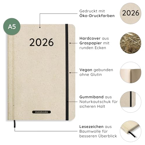 matabooks – A5 Kalender Samaya 2026 Farbe: Nature M (DE/EN): Veganer Jahresplaner aus nachhaltigem Graspapier von Matabooks