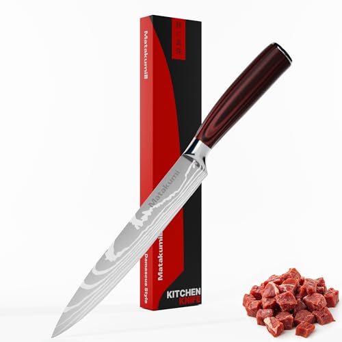 Matakumi Fleischmesser 20 cm Klinge - Koch Messer Fleisch Extra Scharfe Küchenmesser Damast Stil - Kochmesser Profi Messer Scharf aus Rostfreiem Edelstahl - Scharfes Messer Fleischmesser Extrem Scharf von Matakumi