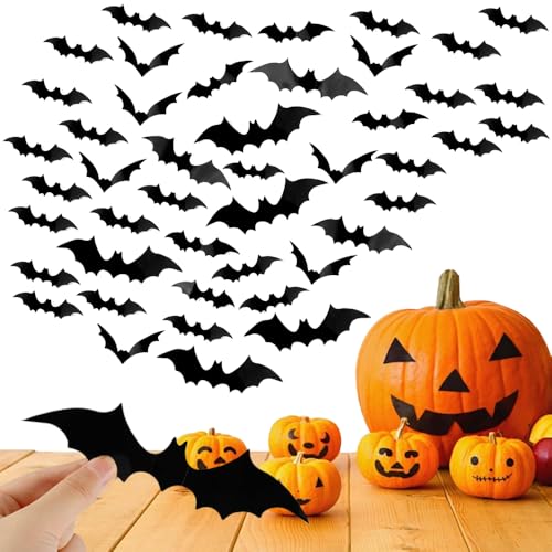 Halloween 3d Fledermaus Deko, Wandaufkleber 3D Halloween Deko Set in 4 Verschiedenen Größen, Wasserdichtes Pvc für Fensterdeko,Garten Dekorations,Party Deko Sticker (48 Stück) von Matame