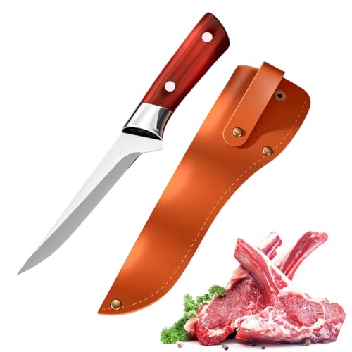 Kochmesser mit Lederhülle,Küchenmesser mit Fingerloch Holzgriff,Scharfes Ausbeinmesser Pakkaholzgriff Kochmesser Outdoor Hackmesser für Fleisch,Gemüse,Fisch (#Ausbeinmesser) von Matame