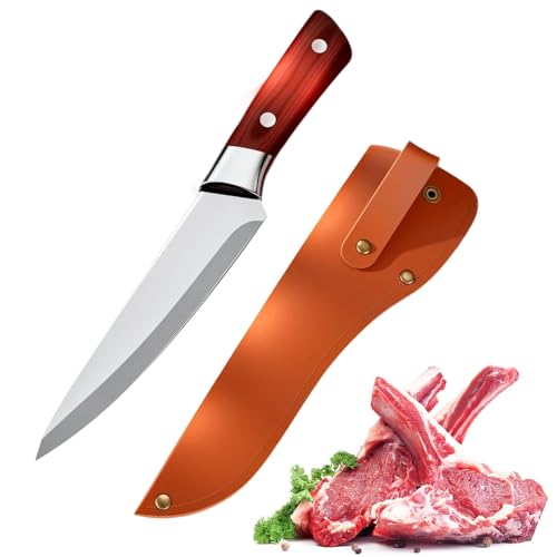 Kochmesser mit Lederhülle,Küchenmesser mit Fingerloch Holzgriff,Scharfes Ausbeinmesser Pakkaholzgriff Kochmesser Outdoor Hackmesser für Fleisch,Gemüse,Fisch (#B) von Matame