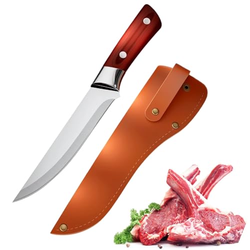 Kochmesser mit Lederhülle,Küchenmesser mit Fingerloch Holzgriff,Scharfes Ausbeinmesser Pakkaholzgriff Kochmesser Outdoor Hackmesser für Fleisch,Gemüse,Fisch (#C) von Matame