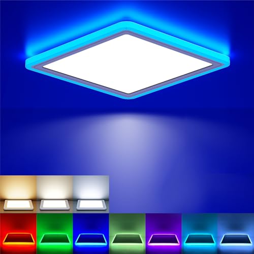 Matane LED Deckenleuchte RGB Dimmbar, 24W Deckenlampe mit Fernbedienung, Panel Decke Farbige 3000K-6500K für Wohnzimmer Schlafzimmer Kinderzimmer Küche Badezimmer Esszimmer, Ultradünn Flach Eckig 32cm von Matane