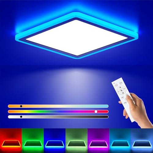 Matane LED Deckenleuchte RGB Dimmbar, 24W Deckenlampe mit Fernbedienung, Panel Decke Farbige 3000K-6500K für Wohnzimmer Schlafzimmer Kinderzimmer Küche Badezimmer Esszimmer, Ultradünn Flach Eckig 32cm von Matane