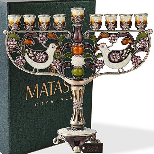 Matashi Menorah-Kandelaber, handbemalt, Emaille, verziert mit goldfarbenen Akzenten und Kristallen (Tauben) von Matashi