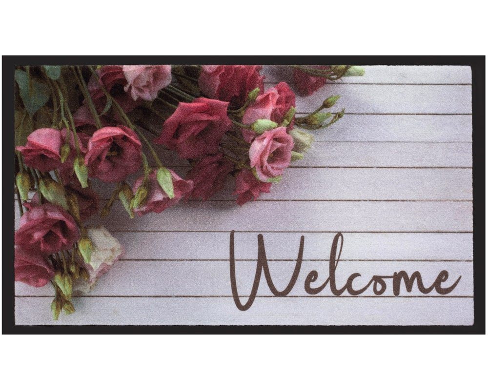 Fußmatte Türmatte Welcome Spruch Holz-Optik Rosen in 40x75 cm, matches21 HOME & HOBBY, rechteckig, Höhe: 5 mm, Rutschfester Fussabtreter für innen als waschbare Schmutzfangmatte von matches21 HOME & HOBBY