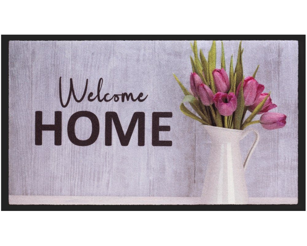 Fußmatte Türmatte Welcome Home Spruch Tulpen Blumen in 40x75 cm, matches21 HOME & HOBBY, rechteckig, Höhe: 5 mm, Rutschfester Fussabtreter für innen als waschbare Schmutzfangmatte von matches21 HOME & HOBBY