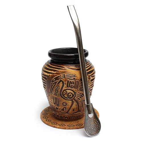 Mate Green Kalebasse Set - Keramik Mate Becher Aztek 300ml - Edelstahl Trinkhalm Bombilla 19cm - Korkpad - Handgemachte Keramik Tasse von Mate Green