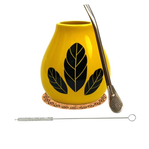 Mate Green Yerba Mate-Tee Kalebasse Set Mate tee becher Hoja Yellow 350ml ● Keramik mate tee tasse gelb ● Edelstahl trinkhalm Bombilla 19cm ● Korkpad ● Reinigungsbürste ● Keramik mate becher von Mate Green