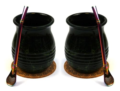 Mate-Tee becher Set für Zwei | Keramik becher Roches 360ml mate tee tasse | Edeltahl trinkhalm Bombilla und kokrpad | Stainless steel Straw bombilla and ceramik yerba mate tea cup von Mate Green
