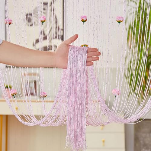 Mateju 2 Stück Rosen Fadenvorhang Balkontür Türvorhang 100 x 200 cm Insektenschutz Fadengardine Fransenvorhang Dekorative Vorhang Raumteiler Fliegenschutz Schiebevorhänge (Rosa) von Mateju