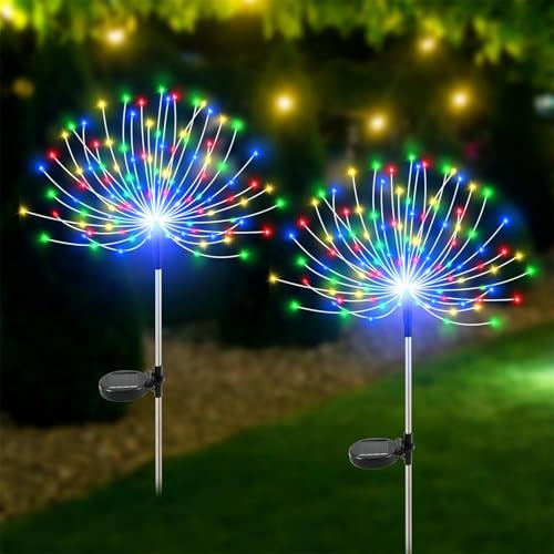 Mateju 2 Stück Solarlampen für Außen Garten, Solarleuchten Garten IP66 Wasserdicht LED Lampen Gartenfackeln Wetterfeste Wegleuchte Beleuchtung für Weg Hinterhöfe Rasen Balkon Deko (Buntes Feuerwerk) von Mateju