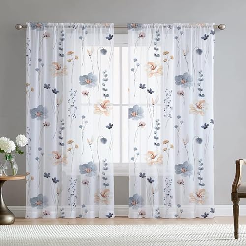 Mateju 2er Set Voile Vorhänge, 3D Traumgartenmuster Voile Gardinen Wohnzimmer,Vorhang Halbtransparent für Schlafzimmer Küchengardinen (Eucalyptus,132 x 230 cm) von Mateju