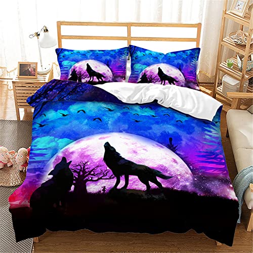 Mateju 3D Blauer Wolf Bettwäsche 3 teilig mit 1 Bettbezug und 2 80x80cm Kissenbezug, Sternenhimmel Druck Microfaser Bettwäsche-Set Bettbezüge Set Bettwäsche Set (135x200cm,Lila Mond) von Mateju