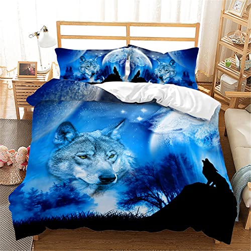 Mateju 3D Blauer Wolf Bettwäsche 3 teilig mit 1 Bettbezug und 2 80x80cm Kissenbezug, Sternenhimmel Druck Microfaser Bettwäsche-Set Bettbezüge Set Bettwäsche Set (160x220cm,Wald) von Mateju