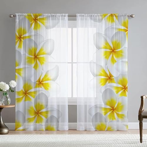 Mateju 3D Blume Vorhänge Wohnzimmer, Vorhang Transparent 2er Set Gardinen Weiß Küchengardinen, Tüll Gardine Dekorativ Schlafzimmer、Kinderzimmer (Frangipani,132 x 230 cm) von Mateju