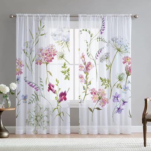 Mateju 3D Blume Vorhänge Wohnzimmer, Vorhang Transparent 2er Set Gardinen Weiß Küchengardinen, Tüll Gardine Dekorativ Schlafzimmer、Kinderzimmer (Frühling,108 x 137 cm) von Mateju