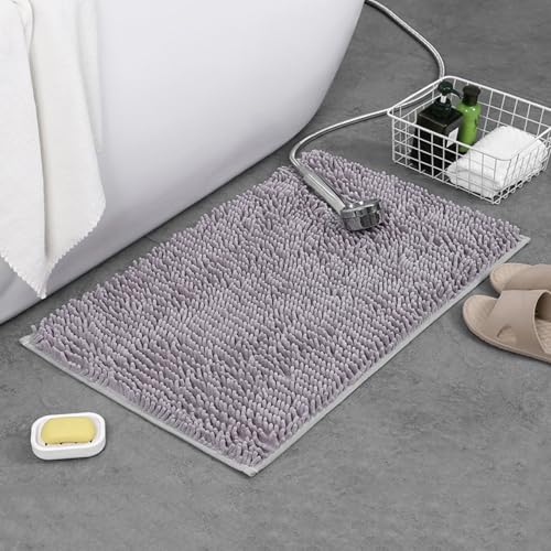 Mateju Badematte Chenille 40 50 60, Badematte rutschfest Waschbar Badezimmerteppich in Chenille Weich Flauschig Badteppich Saugfähige für Badvorleger Duschvorleger (AA8765 Hellgrau,40 * 60cm) von Mateju