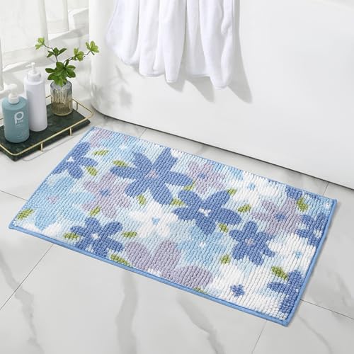 Mateju Badematte Chenille 40 50 60, Badematte rutschfest Waschbar Badezimmerteppich in Chenille Weich Flauschig Badteppich Saugfähige für Badvorleger Duschvorleger (Blaue Blumen,40x60CM) von Mateju