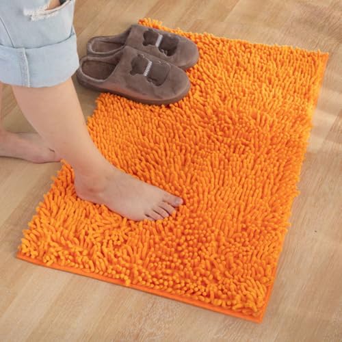 Mateju Badematte Chenille 40 50 60, Badematte rutschfest Waschbar Badezimmerteppich in Chenille Weich Flauschig Badteppich Saugfähige für Badvorleger Duschvorleger (FX15 Orange,60 * 90cm) von Mateju