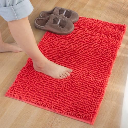Mateju Badematte Chenille 40 50 60, Badematte rutschfest Waschbar Badezimmerteppich in Chenille Weich Flauschig Badteppich Saugfähige für Badvorleger Duschvorleger (FX15 Orangerot,30 * 50cm) von Mateju
