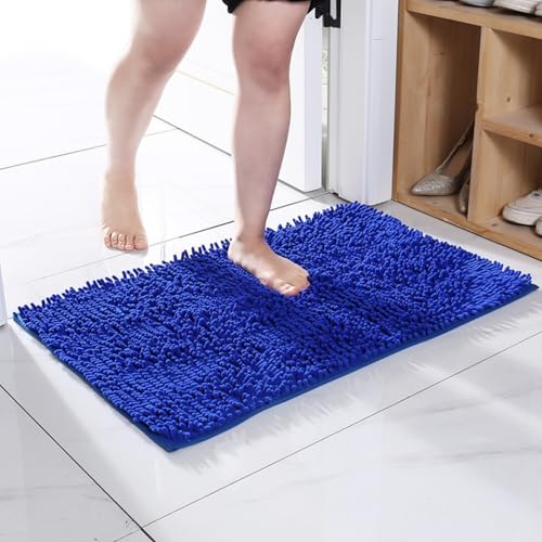 Mateju Badematte Chenille 40 50 60, Badematte rutschfest Waschbar Badezimmerteppich in Chenille Weich Flauschig Badteppich Saugfähige für Badvorleger Duschvorleger (FX16 Blau,30 * 50cm) von Mateju