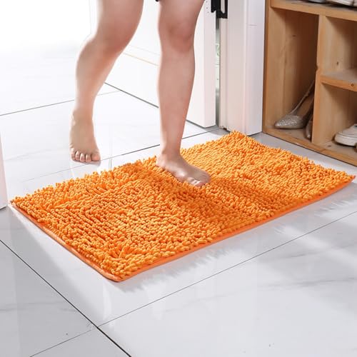 Mateju Badematte Chenille 40 50 60, Badematte rutschfest Waschbar Badezimmerteppich in Chenille Weich Flauschig Badteppich Saugfähige für Badvorleger Duschvorleger (FX16 Orange,70 * 140cm) von Mateju