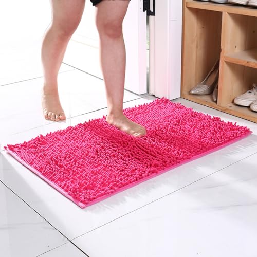 Mateju Badematte Chenille 40 50 60, Badematte rutschfest Waschbar Badezimmerteppich in Chenille Weich Flauschig Badteppich Saugfähige für Badvorleger Duschvorleger (FX16 Pink,70 * 140cm) von Mateju