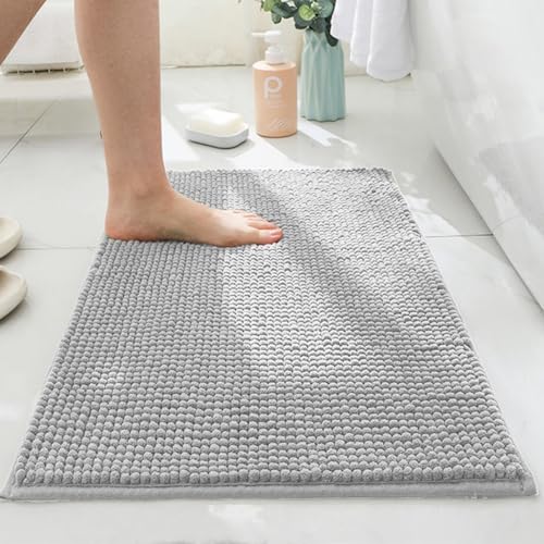 Mateju Badematte Chenille 40 50 60, Badematte rutschfest Waschbar Badezimmerteppich in Chenille Weich Flauschig Badteppich Saugfähige für Badvorleger Duschvorleger (Hellgrau,50 * 80cm) von Mateju