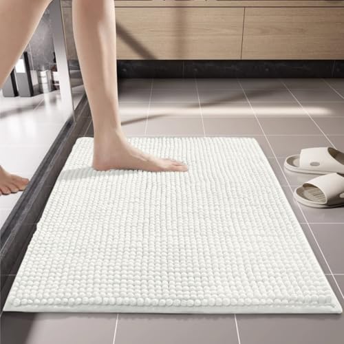 Mateju Badematte Chenille 40 50 60, Badematte rutschfest Waschbar Badezimmerteppich in Chenille Weich Flauschig Badteppich Saugfähige für Badvorleger Duschvorleger (R20 Weiß,40 * 60cm) von Mateju