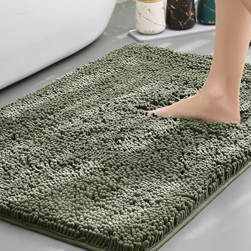 Mateju Badematte Chenille 40 50 60, Badematte rutschfest Waschbar Badezimmerteppich in Chenille Weich Flauschig Badteppich Saugfähige für Badvorleger Duschvorleger (TPR-Olivgrün,50X160CM) von Mateju