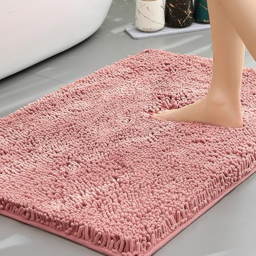 Mateju Badematte Chenille 40 50 60, Badematte rutschfest Waschbar Badezimmerteppich in Chenille Weich Flauschig Badteppich Saugfähige für Badvorleger Duschvorleger (TPR-Pink,60X90CM) von Mateju