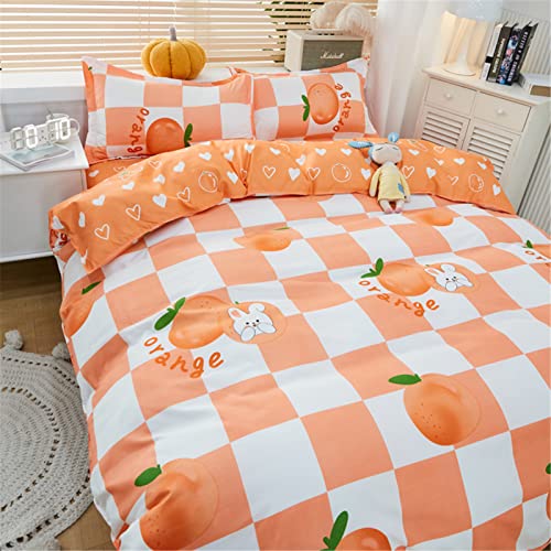 Mateju Bettbezug Set 3 Teilig, Kawaii Stil Karikatur Drucken Wendebettwäsche Set Weich Bettwäsche Set (Bettbezug und 2 Kissenbezug) für Mädchen, Frauen (200x200cm,Orange Checkerboard) von Mateju