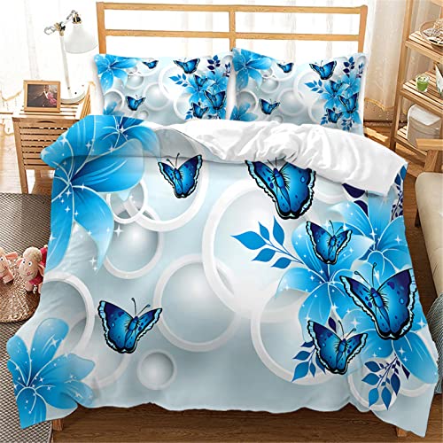 Mateju Bettwäsche 3 teilig mit 1 Bettbezug und 2 80x80cm Kissenbezug, 3D Blumen Druck Microfaser Bettwäsche-Set Bettbezüge Set Bettwäsche Set (Blauer Schmetterling,135x200cm) von Mateju