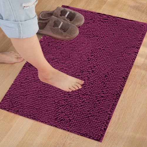 Mateju Chenille Badematte rutschfest, Badezimmerteppich in Rechteck Weich Flauschig Badteppich Waschbar Badvorleger Saugfähige Fußmatte für Dusche Toilette (70 * 140cm,Lilarot) von Mateju