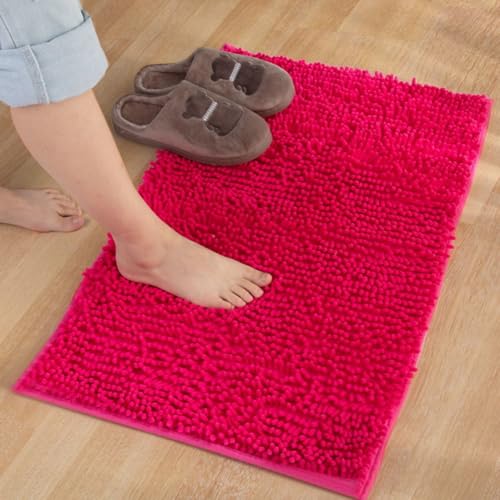Mateju Chenille Badematte rutschfest, Badezimmerteppich in Rechteck Weich Flauschig Badteppich Waschbar Badvorleger Saugfähige Fußmatte für Dusche Toilette (70 * 140cm,Pink) von Mateju