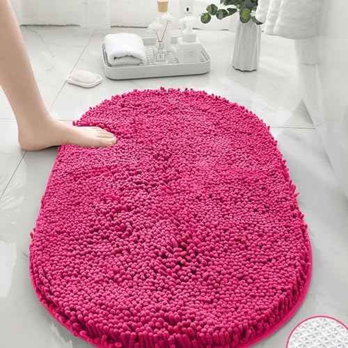 Mateju Chenille Badezimmerteppich, Oval Weich Badteppich rutschfest Badematte Badvorleger Saugfähige Maschinenwaschbare für Dusche Badewanne Toilette (40x60CM,Rosenrot) von Mateju