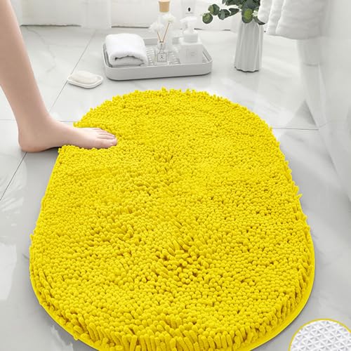 Mateju Chenille Badezimmerteppich, Oval Weich Badteppich rutschfest Badematte Badvorleger Saugfähige Maschinenwaschbare für Dusche Badewanne Toilette (50x80CM,Helles Gelb) von Mateju