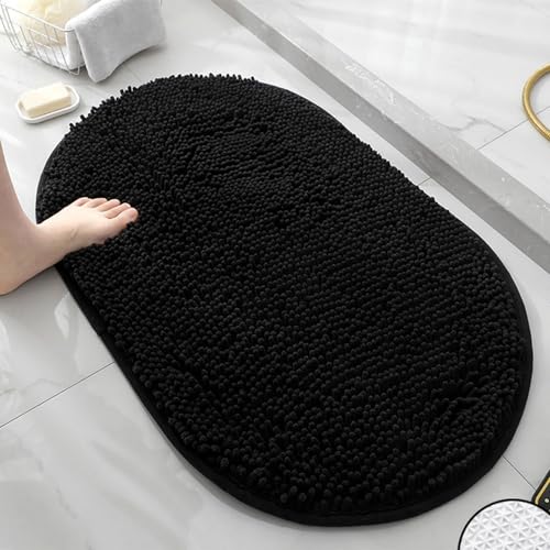 Mateju Chenille Badezimmerteppich, Oval Weich Badteppich rutschfest Badematte Badvorleger Saugfähige Maschinenwaschbare für Dusche Badewanne Toilette (50x80CM,Schwarz) von Mateju