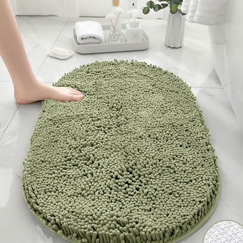 Mateju Chenille Badezimmerteppich Oval Weich Badteppich rutschfest Badematte Badvorleger Saugfähige Maschinenwaschbare für Dusche Badewanne Toilette (40x60CM,Salbei Grün) von Mateju