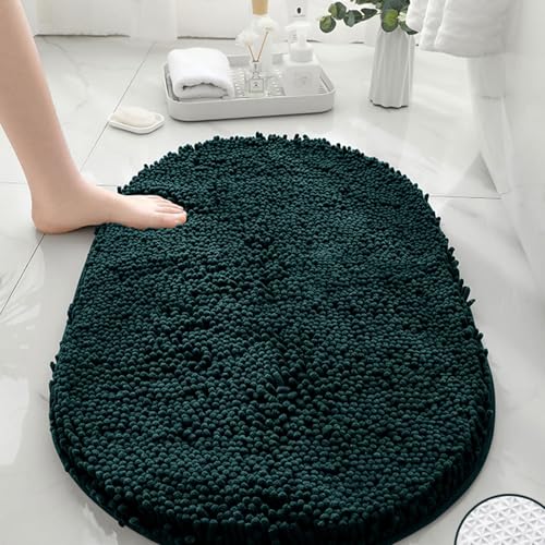 Mateju Chenille Badezimmerteppich Oval Weich Badteppich rutschfest Badematte Badvorleger Saugfähige Maschinenwaschbare für Dusche Badewanne Toilette (50x80CM,Dunkelgrün) von Mateju