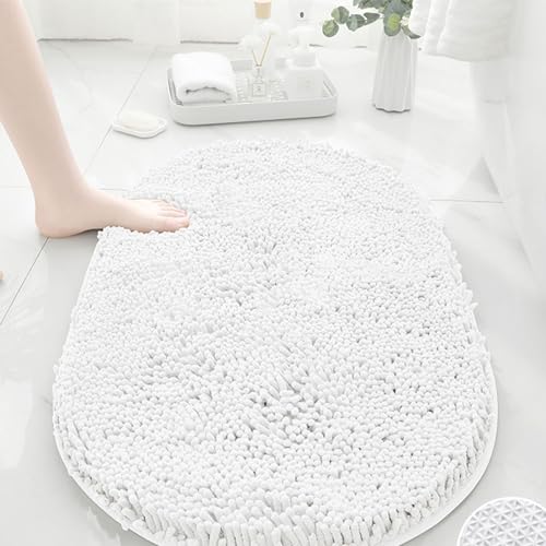 Mateju Chenille Badezimmerteppich Oval Weich Badteppich rutschfest Badematte Badvorleger Saugfähige Maschinenwaschbare für Dusche Badewanne Toilette (50x80CM,Weiß) von Mateju