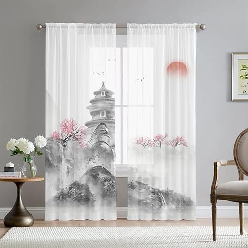 Mateju Chinesischer Stil Vorhänge Wohnzimmer, Vorhang Transparent 2er Set Gardinen Küchengardinen Modern, Tüll Gardine Dekorativ Schlafzimmer Kinderzimmer (Chinesischer Stil,108 x 215 cm) von Mateju