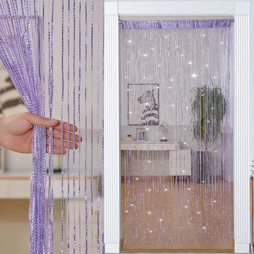 Mateju Fadenvorhang Balkontür Türvorhang Insektenschutz Einfarbig Fadengardine Glitzer Vorhang 100 x 200 cm Fransenvorhang Dekorative Raumteiler Fliegenschutz Schiebevorhänge (Lila) von Mateju